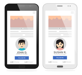Social media profile on a smartphone. Vector illustration in flat design style