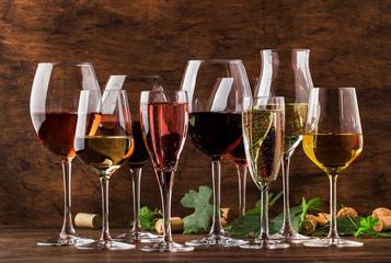 Wine tasting, still and sparkling wines. Red, white wine, rose and champagne шт assortment in...