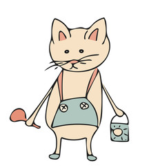 Cute cartoon cat beach boy with small bucket with sand. Childish print, kids apparel,poster, postcard, t-shirt design. Isolated illustration on white background. Vector illustration. 