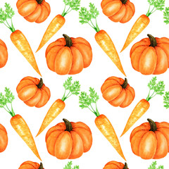 Seamless pattern Watercolor painted collection of orange vegetables pumpkin and carrot. Hand drawn fresh vegan food on white background. Fabric autumn texture