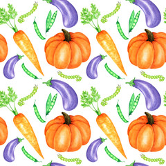 Seamless pattern Watercolor painted collection of orange vegetables pumpkin, eggplant, carrot, peas and caterpillar. Hand drawn fresh vegan food on white background. Fabric autumn texture
