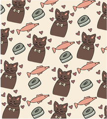 Kids textile pattern with cute cat, fish and hearts. Hand drawn pet animal vector illustration.
