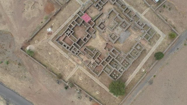 Overhead drone shot of ruins of historic Dungur mansion, also referred to as the Palace of the Queen of Sheba, archaeology and culture in Aksum, Ethiopia