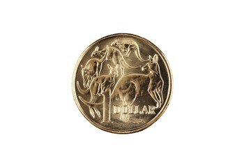 A gold, shiny Australian one dollar coin isolated on a clean, white background.  Shot close up in...