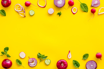 colorful vegetables frame for cooking design on yellow background top view mockup