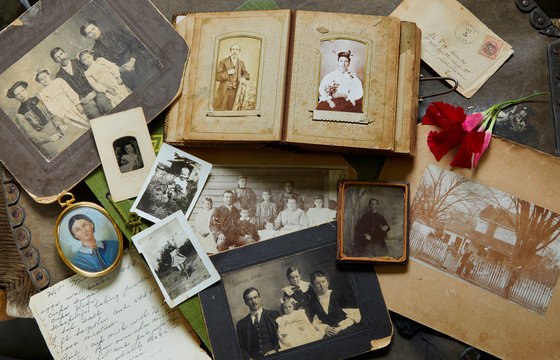 Close up of old photographs