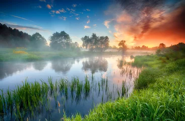 Poster Mooie zomerse zonsopgang boven rivieroevers © Piotr Krzeslak