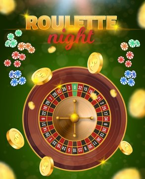 Roulette Top View and Falling Playing Chips, Coins