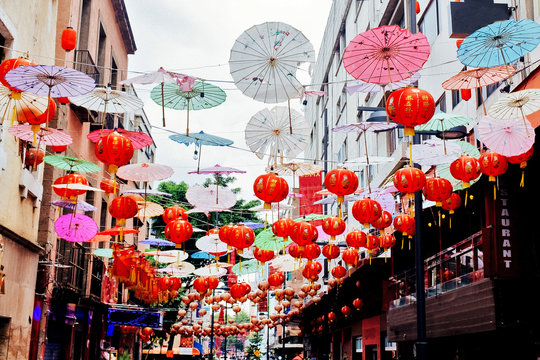 Street decorated with lanterns and umbrellas, Barrio Chino, Ciudad de Mexico