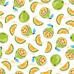 Cartoon Doodle Chinese Pomelo Fruit Seamless Pattern. Citrus Food Background