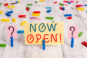 Writing note showing Now Open. Business concept for leave door or windows not closed or barred at this current time Crumbling sheet with paper clips placed on the wooden table