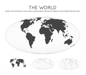 Map of The World. Equal-area, pseudocylindrical Mollweide projection. Globe with latitude and longitude lines. World map on meridians and parallels background. Vector illustration.