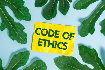 Text sign showing Code Of Ethics. Business photo showcasing basic guide for professional conduct and imposes duties