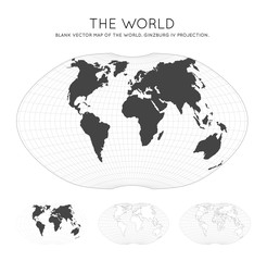 Map of The World. Ginzburg IV projection. Globe with latitude and longitude lines. World map on meridians and parallels background. Vector illustration.