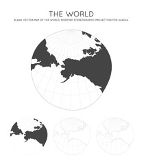 Map of The World. Modified stereographic projection for Alaska. Globe with latitude and longitude lines. World map on meridians and parallels background. Vector illustration.