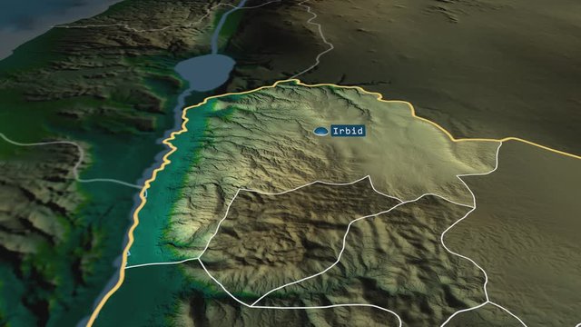 Irbid - province of Jordan with its capital zoomed on the physical map of the globe. Animation 3D