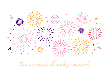 Fototapeta na wymiar Modern flat sunburst, firework festive background. Colorful New Year event on white background.