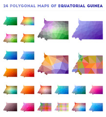 Set of vector polygonal maps of Equatorial Guinea. Bright gradient map of country in low poly style. Multicolored Equatorial Guinea map in geometric style for your infographics.