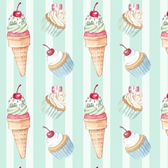 Watercolor seamless pattern illustration of ice cream and cupcakes