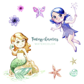 Watercolor fantasy characters set, hand drawn cute mermaid and little sweet fairy, seashells, starfish, butterfly, roses