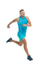 Keep running. Feel the rhythm. Motivational song. Man sportsman running with headphones. Runner handsome strong guy motion isolated on white. Music for workout training. Run faster. Running sport