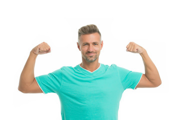 Strong biceps. Athletic body. Man athlete isolated white background. Man handsome in shirt. Guy sport outfit. Fashion concept. Man model clothes shop. Sport style. Menswear and fashionable clothing