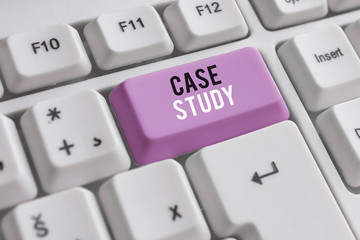 Word writing text Case Study. Business photo showcasing analysis and a specific research design for examining a problem White pc keyboard with empty note paper above white background key copy space