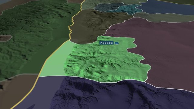 Madaba - province of Jordan with its capital zoomed on the administrative map of the globe. Animation 3D