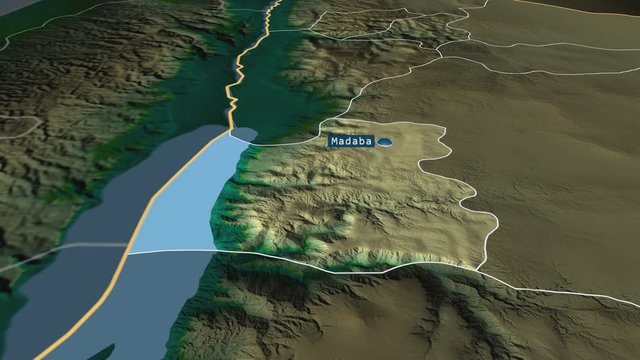Madaba - province of Jordan with its capital zoomed on the physical map of the globe. Animation 3D