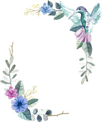 Watercolor floral frame with birds and leaves
