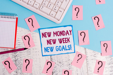 Writing note showing New Monday New Week New Goals. Business concept for goodbye weekend starting...