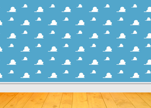 Background Room Kids - Clouds blue Room and wooden floor 