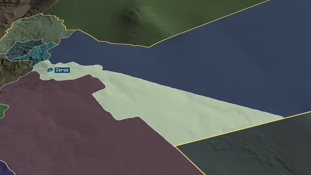 Zarqa - province of Jordan with its capital zoomed on the administrative map of the globe. Animation 3D