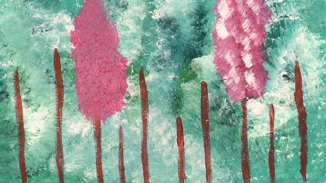 Time lapse of painting process. Close up of Drawing on canvas. Acrylic painting of abstract impressionism.