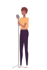 young woman with microphone with stand on white background