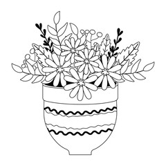 Flowers and leaves inside pot vector design
