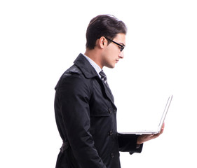 Young businessman with laptop isolated on white background