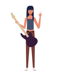 young woman with electric guitar on white background