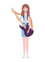 young woman with electric guitar on white background