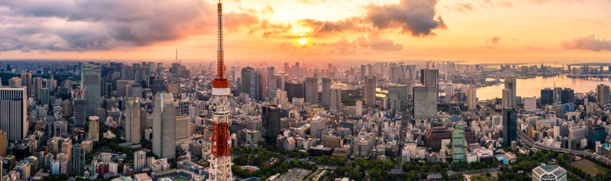Aerial drone Panorama - Skyline of the city of Tokyo, Japan at sunrise.  Asia