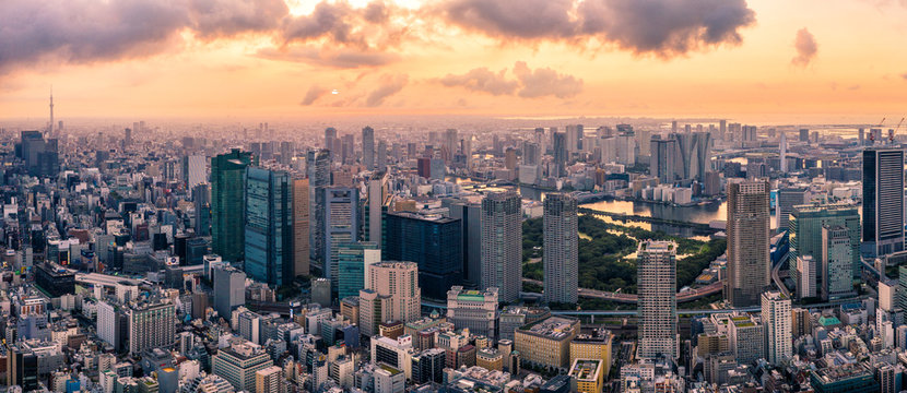 Aerial Drone Panorama - Skyline Of The City Of Tokyo, Japan At Sunrise.  Asia