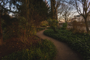 Pathways with green lawns, in the garden. Top view of curve walkway on beside a river