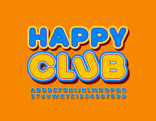 Vector colorful emblem Happy Club. Bright Uppercase Font. Blue and Yellow  Alphabet Letters and Numbers for Children