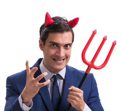 Evil devil businessman with pitchfork isolated on white backgrou