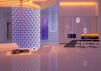Futuristic interior design. Luxurious Studio apartment with sofa area and kitchen area. 3D illustration 
