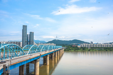 view of Dongjak bridge and namsan tower in seoul city.South Korea.