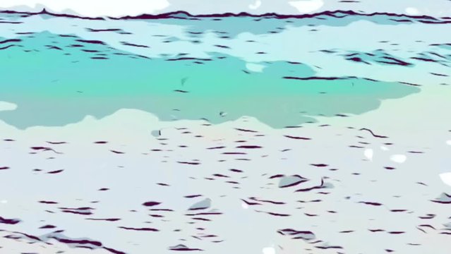 feet walking on sand beach making footprints on vacation scenic, comic book style animation footage - stock, video, film, clip, 
