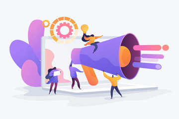 Customer attraction, social media promotion. Digital marketing team, marketing team metrics, marketing team lead, marketing team responsibilities concept. Vector isolated concept creative illustration