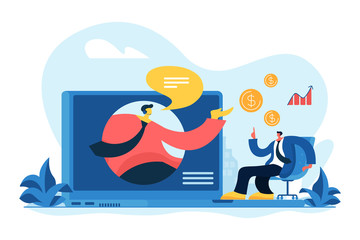 Virtual sales, remote sales method, virtual sales team and assistants working remotely concept. Vector isolated concept illustration with tiny people and floral elements. Hero image for website.