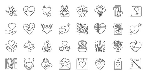 Valentines Day simple black line icons vector set